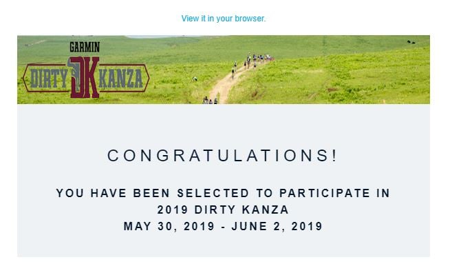 Dirty Kanza Selection Email